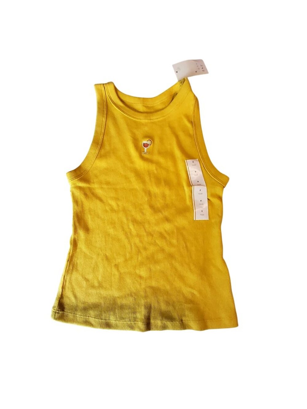 A New Day  Womens Yellow Ribbed Tank Top With Embroidered Drink Design Small